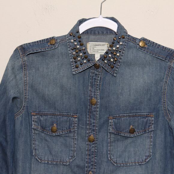 NEW Current/Elliott The Perfect Shirt with Studs Size 1 (Small) Blue Chambray - Picture 3 of 12